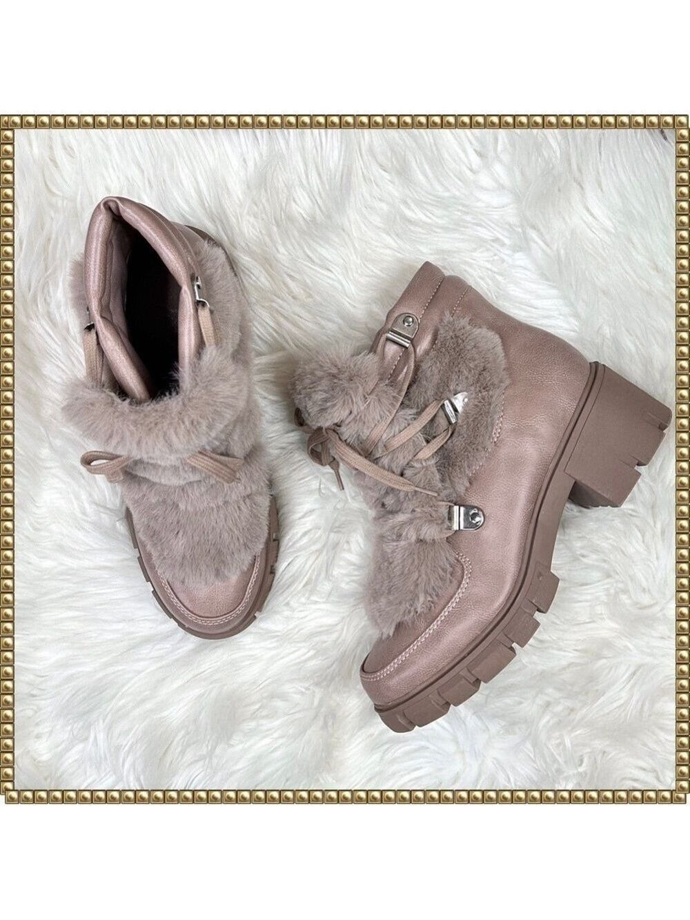 XOXO Odonna Taupe Lace Up Fur Buckle Ankle Booties Size 9.5